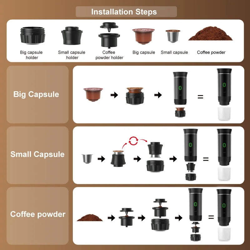 Wireless Electric Portable Espresso Coffee Machine for Car & Home Camping Coffee Maker 3-in-1 Capsule Powder Travel Coffee Maker OrdexHome.com